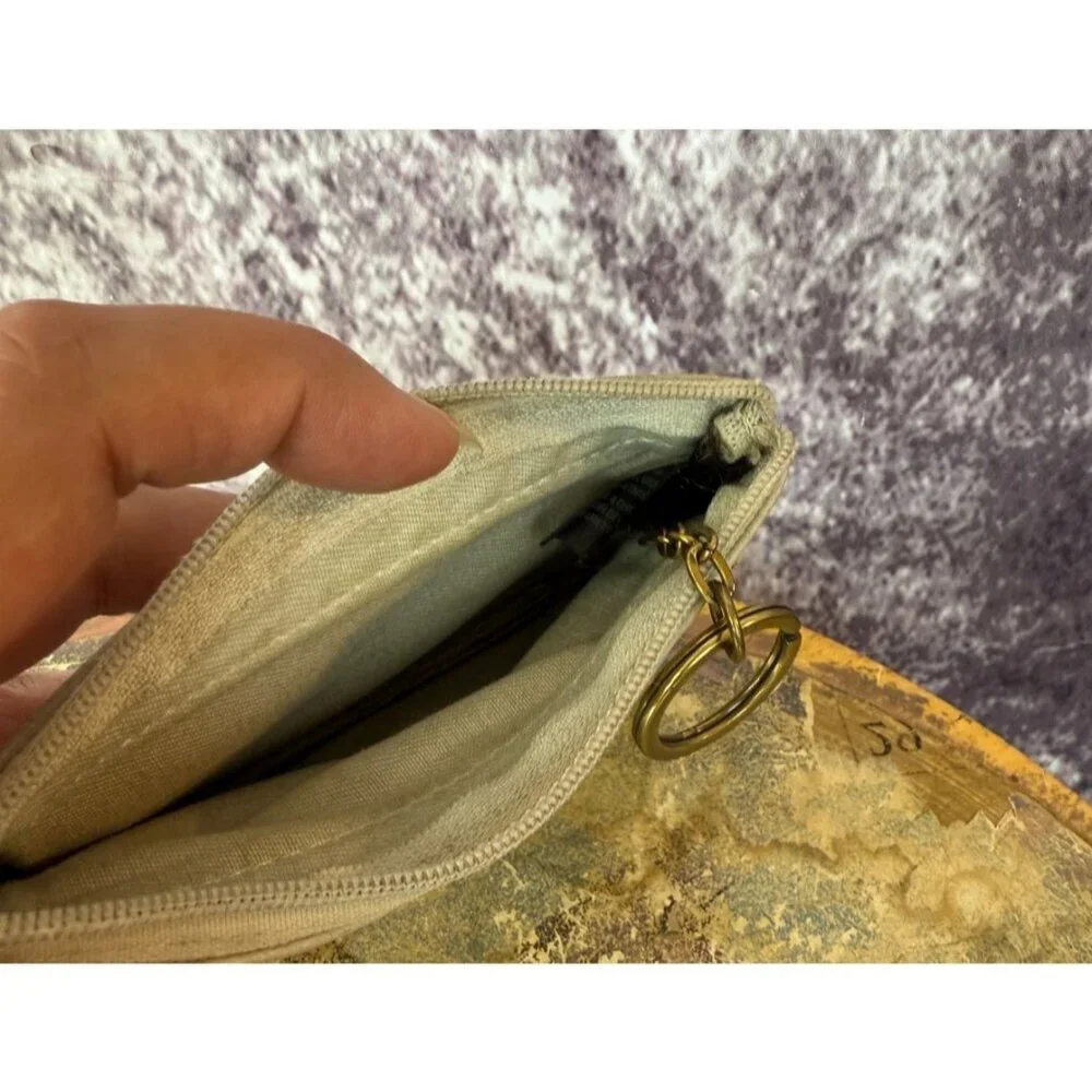Leather Wallet Cream Floral‎ Embroidered Zip Small Keychain Boho Card Case